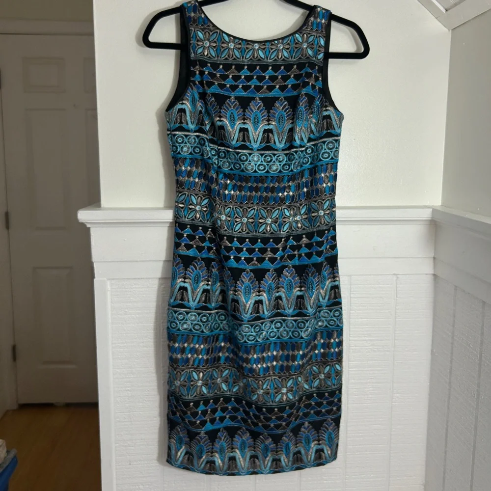 WHBM White House Black Market Black & Blue Metallic Sheath Dress NWT, size 0